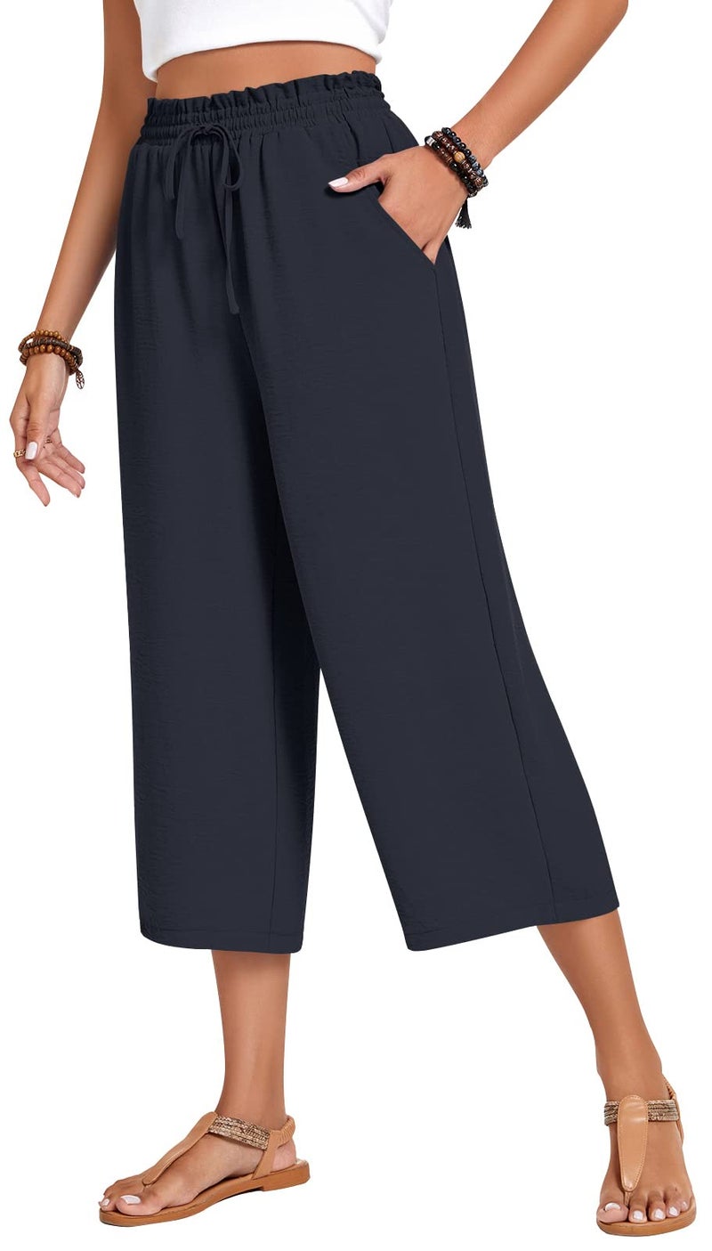 Anyhold Womens Plus Size Capri Pants Loose High Waisted Wide Leg Lounge Pants Drawstring Casual Palazzo Trousers with Pockets 2X-Large, Dark Blue - Image 1
