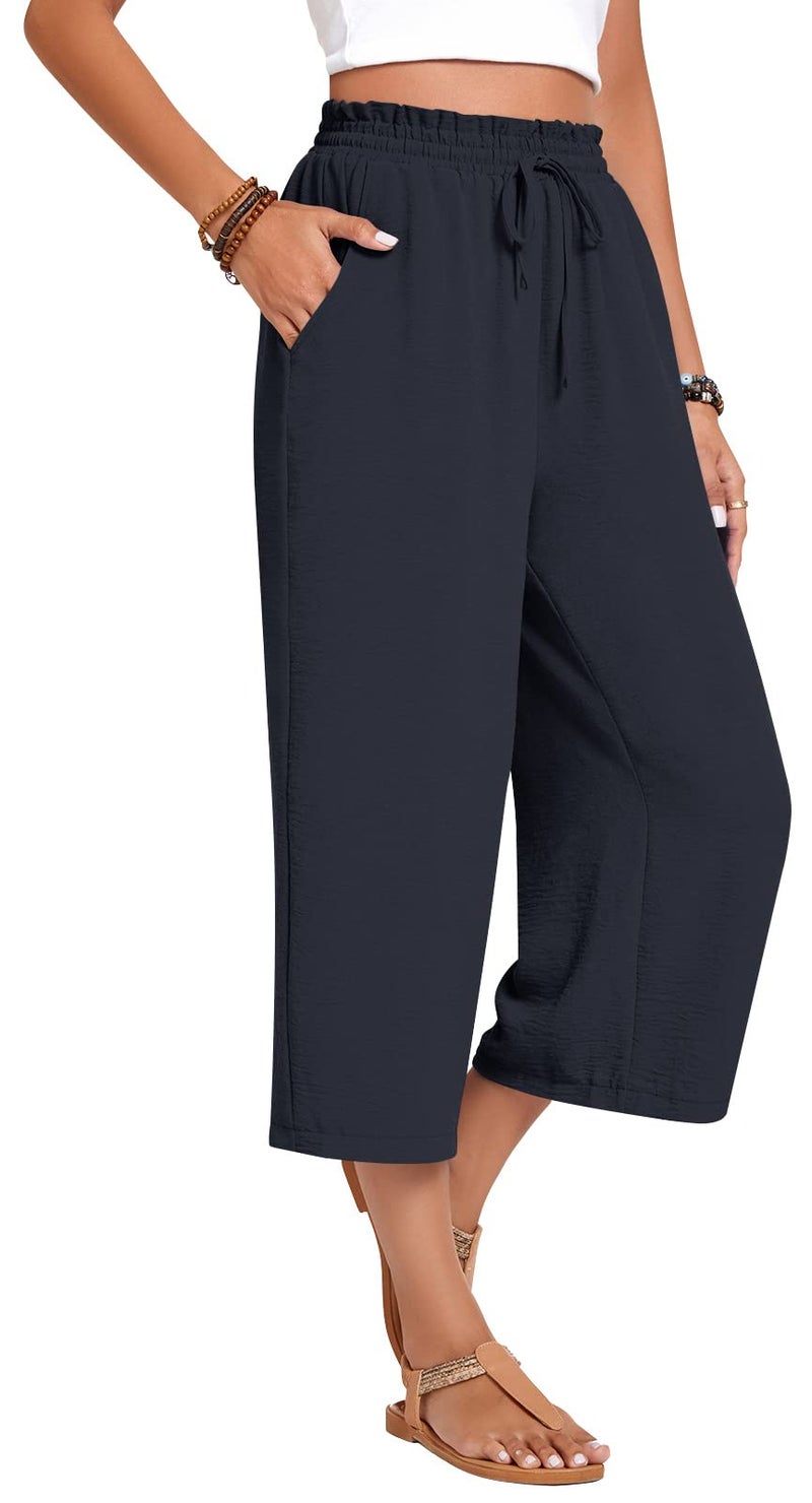 Anyhold Womens Plus Size Capri Pants Loose High Waisted Wide Leg Lounge Pants Drawstring Casual Palazzo Trousers with Pockets 2X-Large, Dark Blue - Image 2