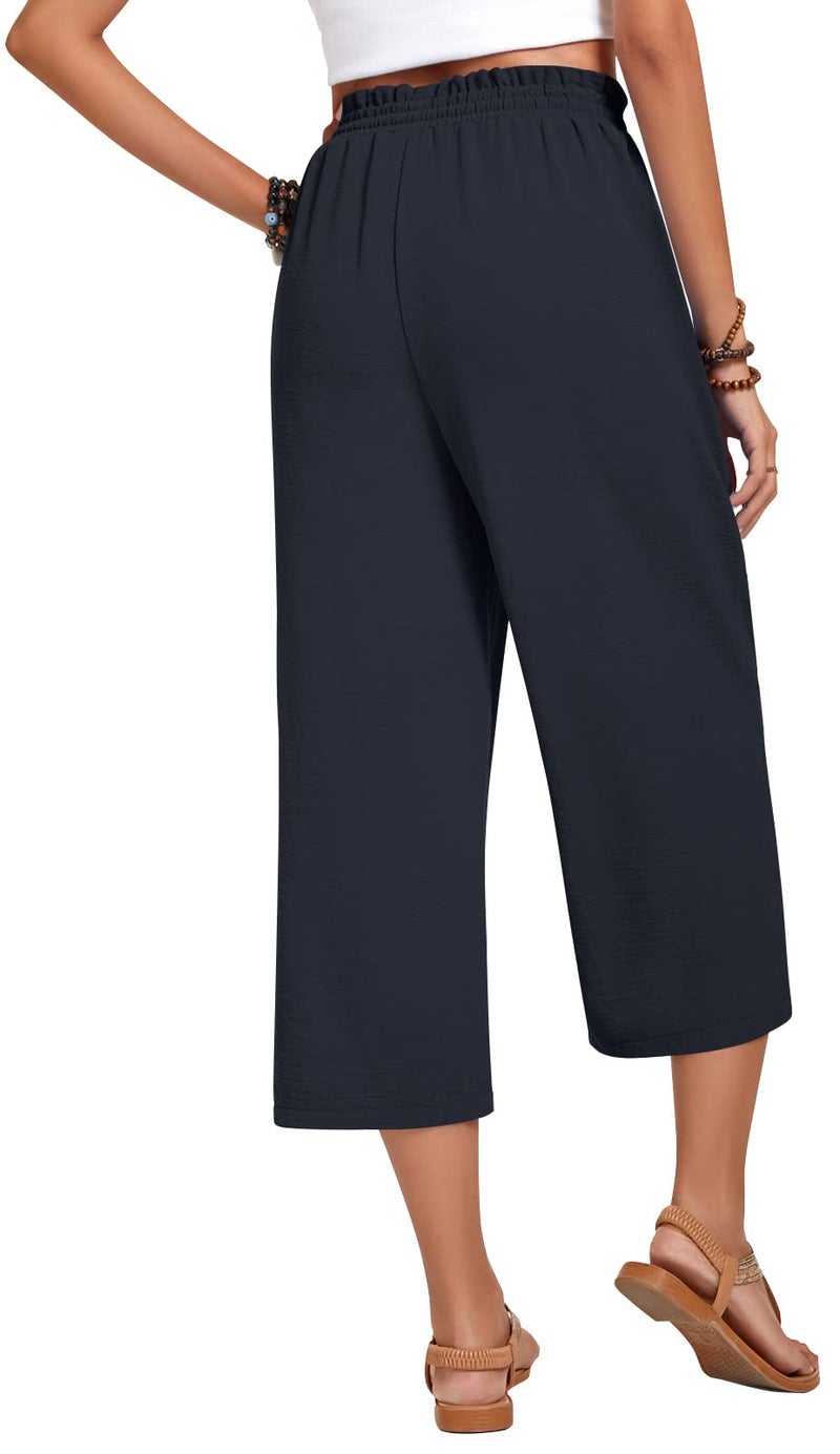 Anyhold Womens Plus Size Capri Pants Loose High Waisted Wide Leg Lounge Pants Drawstring Casual Palazzo Trousers with Pockets 2X-Large, Dark Blue - Image 3