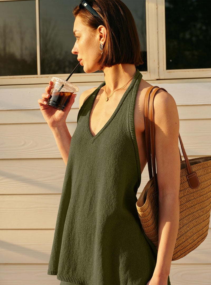 Panadila Womens Summer Two Piece Sets Beach Vacation Outfits Halter Neck Tank Top and Shorts Set Knit Lounge Clothes (Army Green,XS) - Image 2