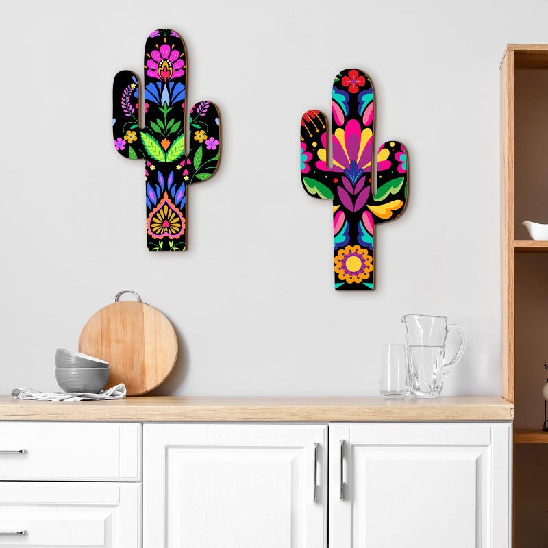 Yousoontic 2 Pcs Mexican Cactus Decorations Wooden Cactus Pictures Wall Decor Boho Southwestern Wooden Wall Art Decorations Western Party Decor for Home Outdoor Living Room Bedroom Cinco De Mayo Gift - Image 4