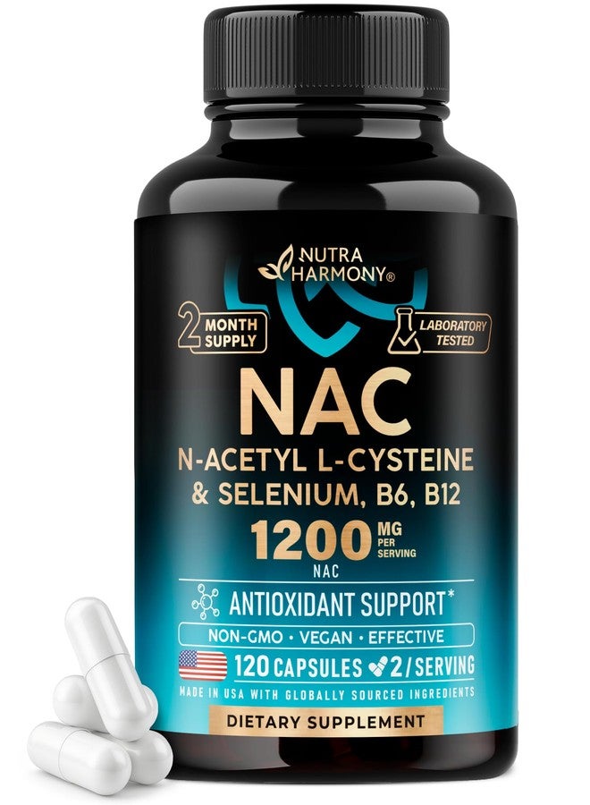 NUTRAHARMONY مكمل غذائي NAC | سيلينيوم | فيتامين ب6 | فيتامين ب12 - مضاد للأكسدة، داعم للمناعة - إن-أسيتيل سيستين 600 ملغ لكل كبسولة، 1200 ملغ لكل جرعة - صنع في الولايات المتحدة الأمريكية - غير معدل وراثيًا، خالٍ من الغلوتين، نباتي - 120 كبسولة، تكفي لمدة شهرين - Image 1