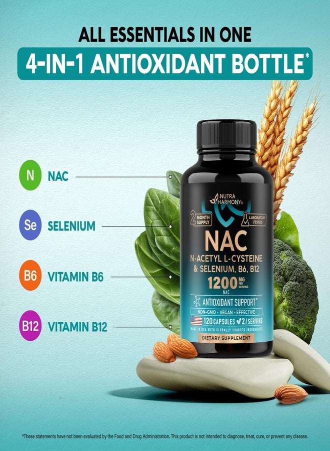 NUTRAHARMONY مكمل غذائي NAC | سيلينيوم | فيتامين ب6 | فيتامين ب12 - مضاد للأكسدة، داعم للمناعة - إن-أسيتيل سيستين 600 ملغ لكل كبسولة، 1200 ملغ لكل جرعة - صنع في الولايات المتحدة الأمريكية - غير معدل وراثيًا، خالٍ من الغلوتين، نباتي - 120 كبسولة، تكفي لمدة شهرين - Image 3