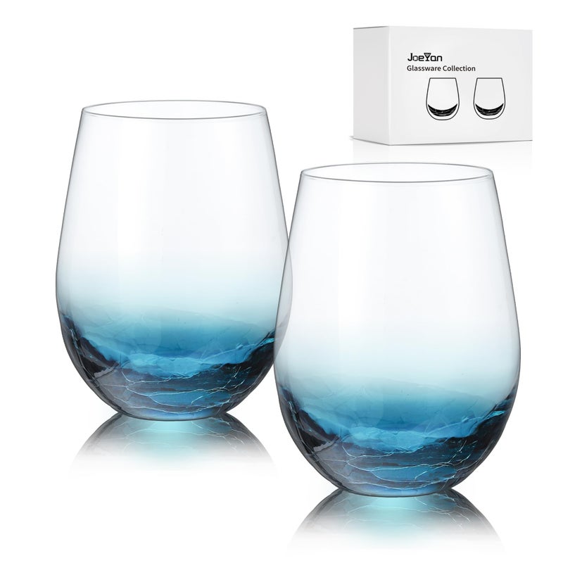 Joeyan Handmade Blue Stemless Crackle Wine Glasses CupsLarge Crystal Red Wine TumblersAesthetics Glassware Collection Home GiftSet of 219 oz