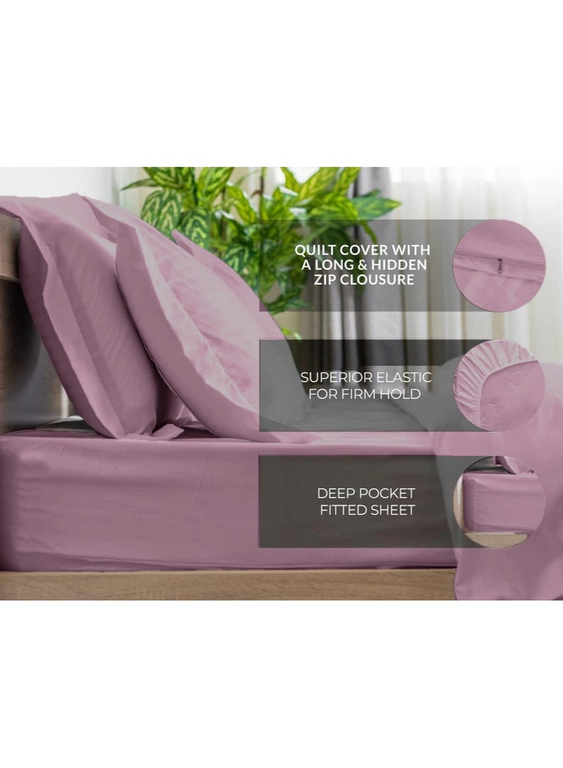 إي وورلد طقم سرير فاخر مكون من 6 قطع بحجم كينغ، بتصميم مخطط باللون الوردي وملاءة سرير فاخرة من المايكروفايبر عالي الجودة للمنازل والفنادق، مع غطاء لحاف ناعم وأغطية وسائد - Image 2