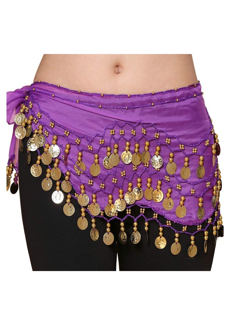 Generic - Belly Dance Hip Scarf, Gold Coins Belly Dance Skirt Belly Dancer Costumes, Women's Chiffon Belly Dancing Belt with 128 Gold Coins for Women Girl Latin Zumba Yoga (Purple) - Image 1
