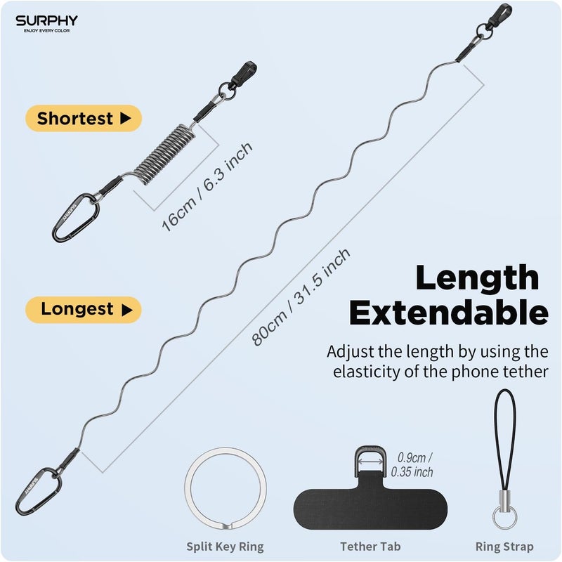 SURPHY Retractable Coil Springs Lanyard with CellPhone Tether Tab， Elastic Phone Lanyard Stretchable Anti-theft Phone Strap Keychain - Image 5