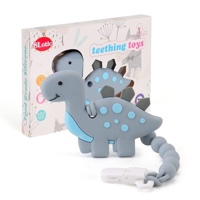 Slotic Baby Teething Toys for Babies 3-6 6-12 Months, Dinosaur Teether Pain Relief Toy with One Piece Design Pacifier Clip Holder Set, Freezer Safe Neutral Shower Gift for Boys and Girls (Grey) - Image 1