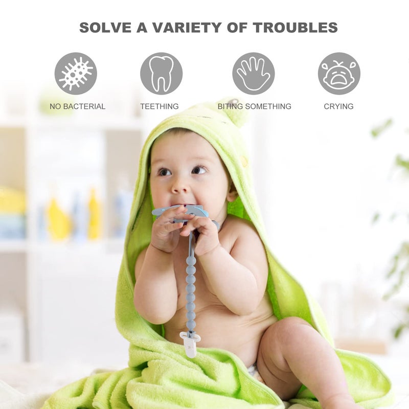 Slotic Baby Teething Toys for Babies 3-6 6-12 Months, Dinosaur Teether Pain Relief Toy with One Piece Design Pacifier Clip Holder Set, Freezer Safe Neutral Shower Gift for Boys and Girls (Grey) - Image 3