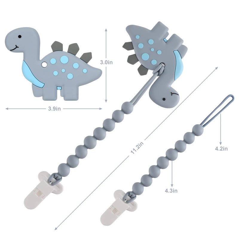 Slotic Baby Teething Toys for Babies 3-6 6-12 Months, Dinosaur Teether Pain Relief Toy with One Piece Design Pacifier Clip Holder Set, Freezer Safe Neutral Shower Gift for Boys and Girls (Grey) - Image 4