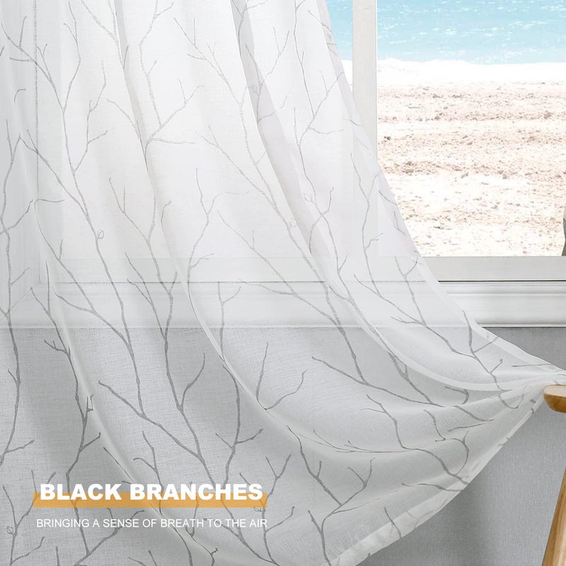 BUHUA White Sheer Curtains 108 Inch Long - Silver Foil Tree Branch Curtain 2 Panels  Semi-Sheer Window Curtains for Living Room  52 x 108 Inch  1 Pair  White - Image 2