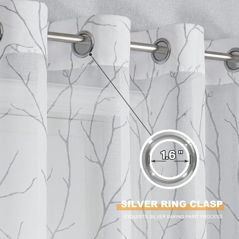 BUHUA White Sheer Curtains 108 Inch Long - Silver Foil Tree Branch Curtain 2 Panels  Semi-Sheer Window Curtains for Living Room  52 x 108 Inch  1 Pair  White - Image 4