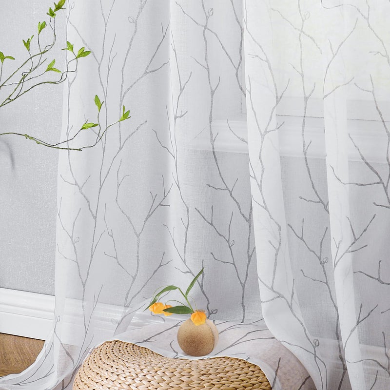 BUHUA White Sheer Curtains 108 Inch Long - Silver Foil Tree Branch Curtain 2 Panels  Semi-Sheer Window Curtains for Living Room  52 x 108 Inch  1 Pair  White - Image 1