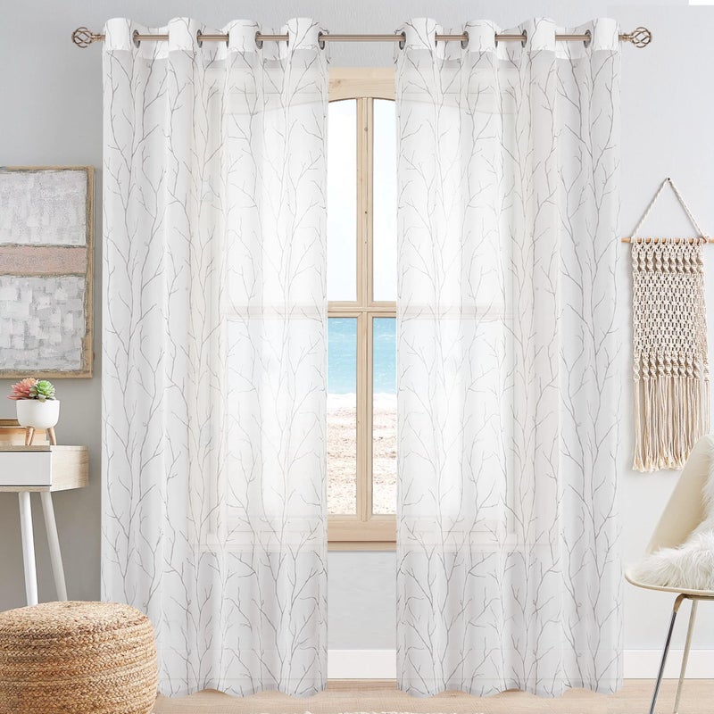 BUHUA White Sheer Curtains 108 Inch Long - Silver Foil Tree Branch Curtain 2 Panels  Semi-Sheer Window Curtains for Living Room  52 x 108 Inch  1 Pair  White - Image 3