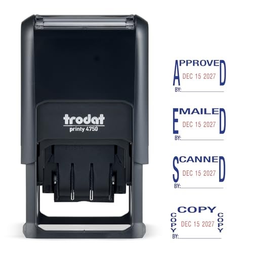Trodat Printy 4750 Self Inking Date Stamp with Approved, Copy, EMAILED, Scanned – Blue and Red Ink, 1" x 1-5/8" - Image 1