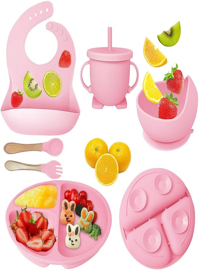SUPUNYA 6PCS Silicone Baby Feeding Set – Suction Plate, Bowl, Bib, Spoon, Fork, Cup – BPA-Free, Non-Toxic, Microwave & Dishwasher Safe for Toddlers 6+ Months (Pastel Pink)