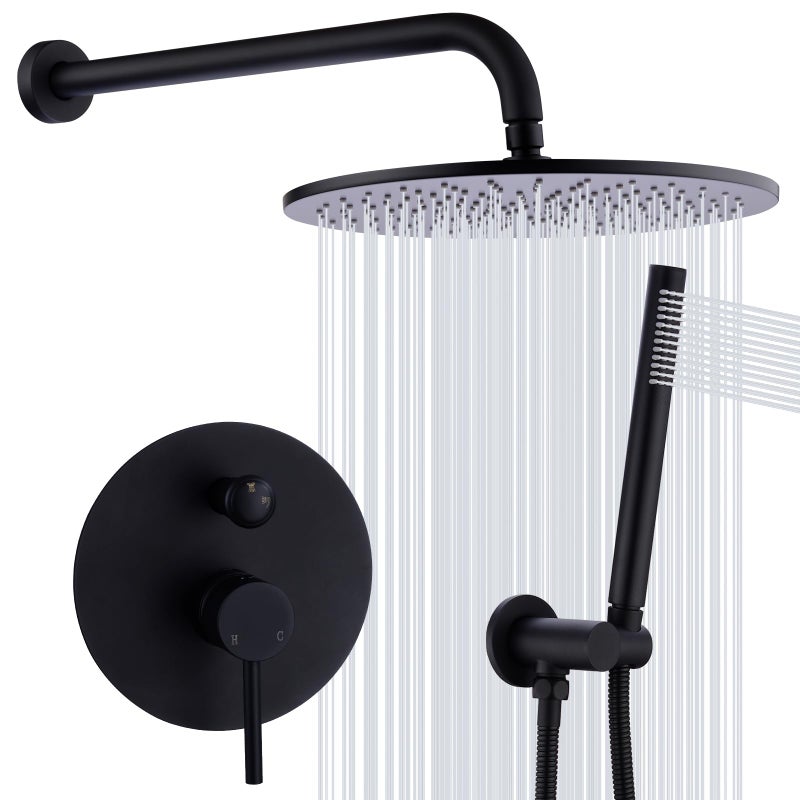 TRUSTMI 12 inch Round Bathroom Luxury Rain Mixer Combo Set Wall Mounted Rainfall Shower Head System Matte Black Contain Faucet Roughin Valve Body and Trim