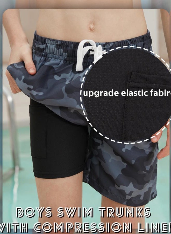 swimsobo شورت سباحة للأولاد بحجم 10-12 سنة مع بطانة ضغط بدلة سباحة تمويهية سوداء مع شورت سباحة - Image 4