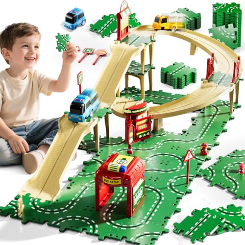 KIZONLY Puzzle Racer Kids Car Track Set 4Tier Race Tracks for Kids Ages 35 with 3 Cars Traffic Parts Trucks for Toddlers 24 Years Floor Puzzle Tracks Car Gift for Boys Girls 3 4 5 Year Old - Image 1