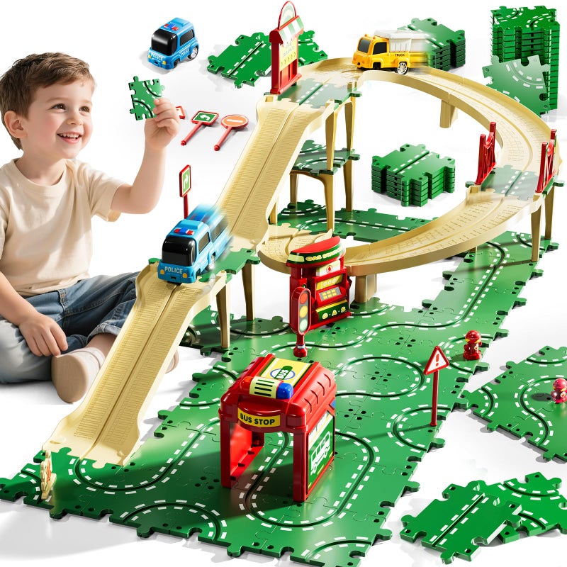KIZONLY Puzzle Racer Kids Car Track Set 4Tier Race Tracks for Kids Ages 35 with 3 Cars Traffic Parts Trucks for Toddlers 24 Years Floor Puzzle Tracks Car Gift for Boys Girls 3 4 5 Year Old - Image 3