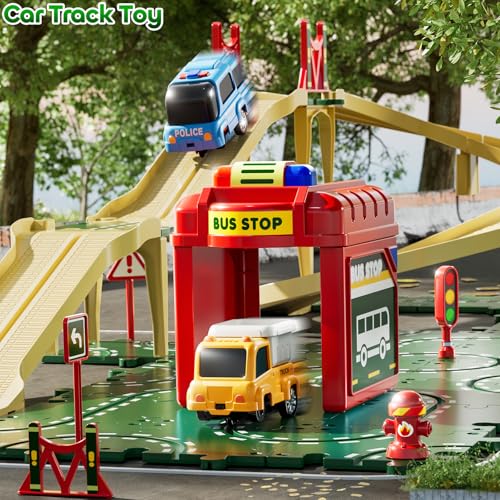 KIZONLY Puzzle Racer Kids Car Track Set 4Tier Race Tracks for Kids Ages 35 with 3 Cars Traffic Parts Trucks for Toddlers 24 Years Floor Puzzle Tracks Car Gift for Boys Girls 3 4 5 Year Old - Image 5