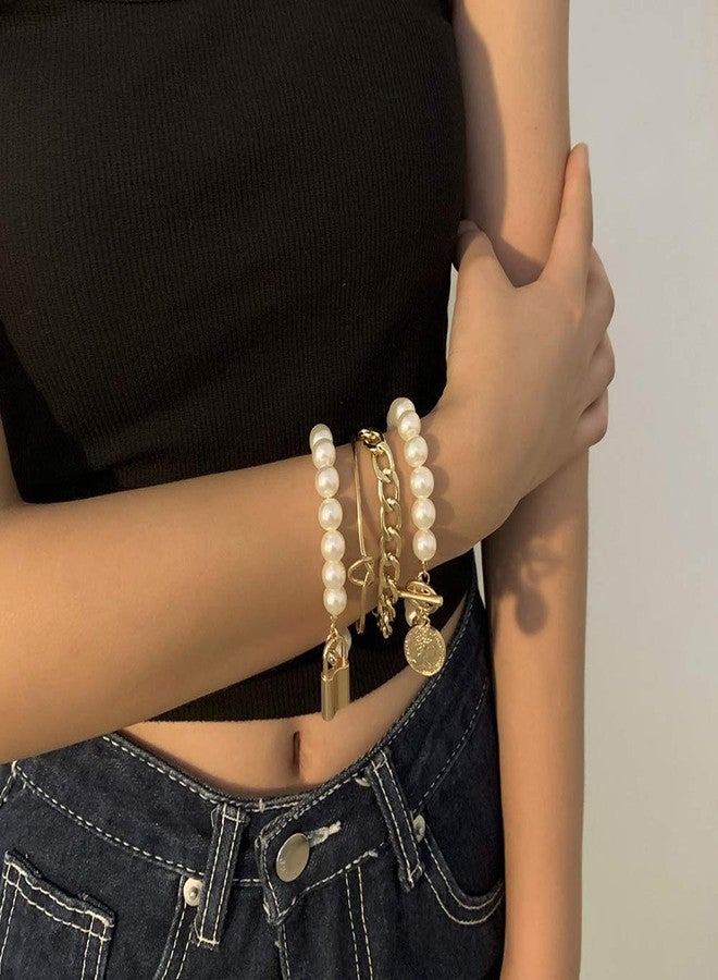 Xerling 4Pcs Charm Pearl Chain Bracelet Lock Toggle Chain Ankle Bracelet Knot Open Cuff Bracelet Women Boho Dainty Bangle (Gold) - Image 1