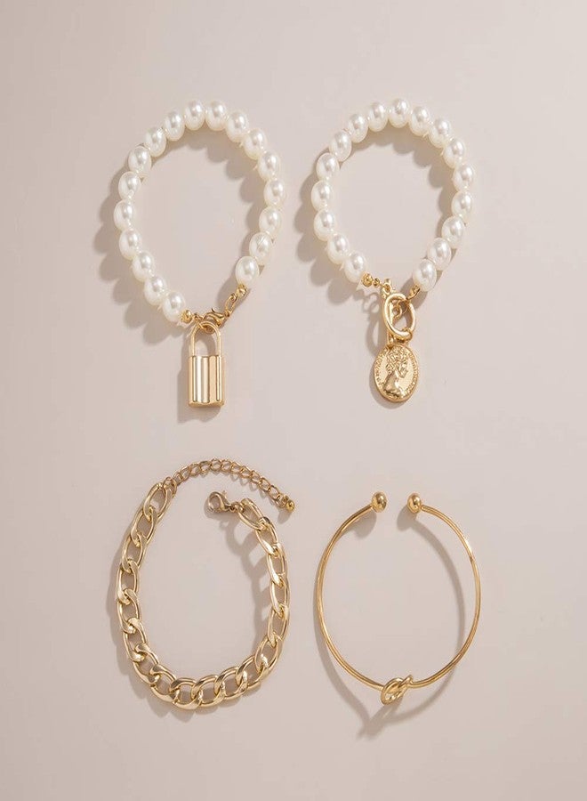 Xerling 4Pcs Charm Pearl Chain Bracelet Lock Toggle Chain Ankle Bracelet Knot Open Cuff Bracelet Women Boho Dainty Bangle (Gold) - Image 3