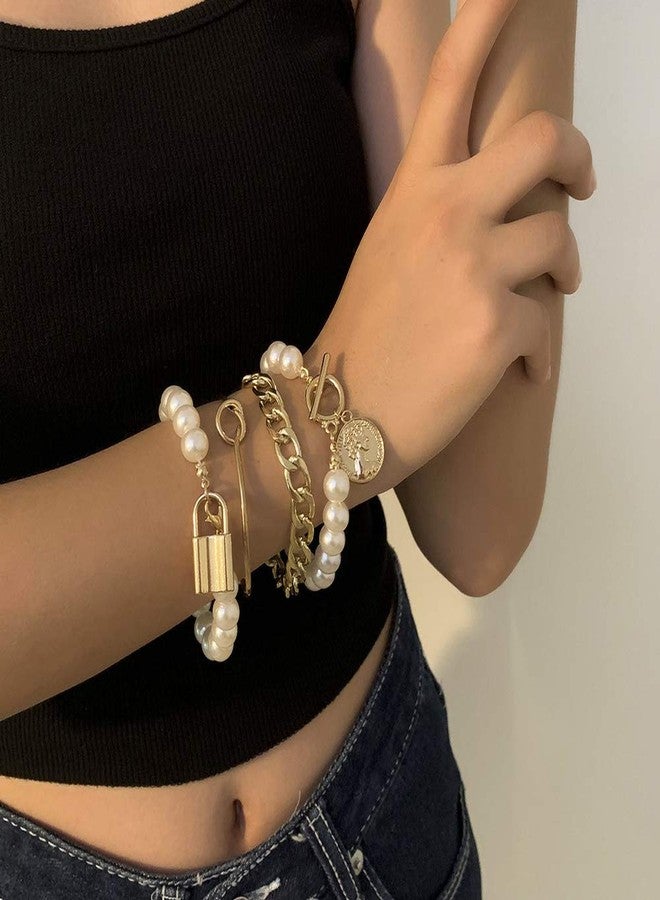 Xerling 4Pcs Charm Pearl Chain Bracelet Lock Toggle Chain Ankle Bracelet Knot Open Cuff Bracelet Women Boho Dainty Bangle (Gold) - Image 2