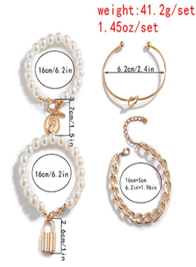 Xerling 4Pcs Charm Pearl Chain Bracelet Lock Toggle Chain Ankle Bracelet Knot Open Cuff Bracelet Women Boho Dainty Bangle (Gold) - Image 4