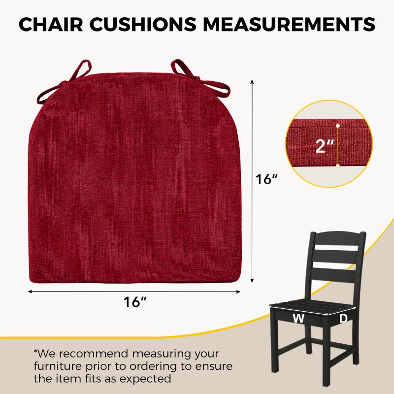 downluxe Indoor Chair Cushions for Dining Chairs, Soft and Comfortable Textured Foam Kitchen Chair Pads with Ties and Non-Slip Backing, 16" x 16" x 2", Red, 2 Pack - Image 2