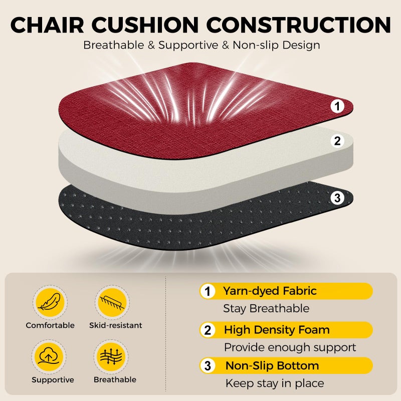 downluxe Indoor Chair Cushions for Dining Chairs, Soft and Comfortable Textured Foam Kitchen Chair Pads with Ties and Non-Slip Backing, 16" x 16" x 2", Red, 2 Pack - Image 3