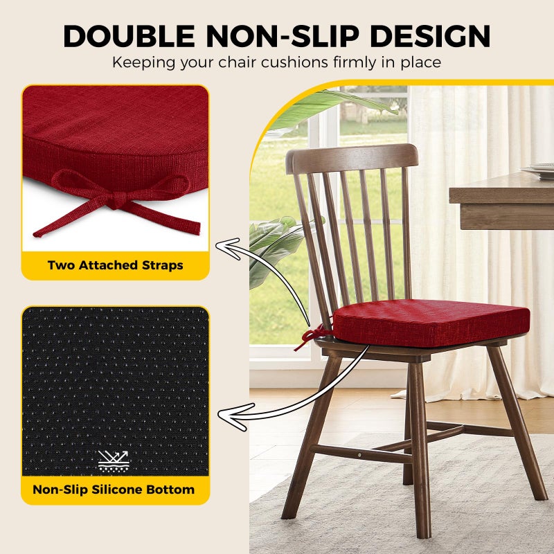 downluxe Indoor Chair Cushions for Dining Chairs, Soft and Comfortable Textured Foam Kitchen Chair Pads with Ties and Non-Slip Backing, 16" x 16" x 2", Red, 2 Pack - Image 4