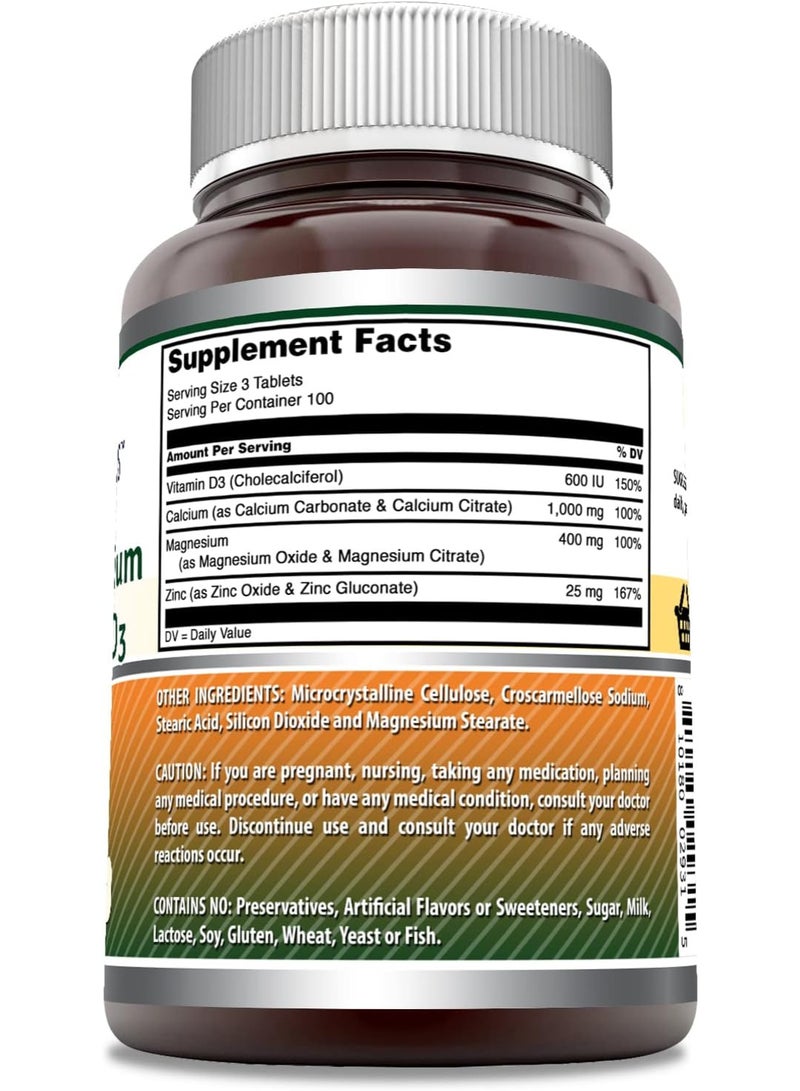 Amazing Formulas Calcium Magnesium Zinc D3 Supplement, 300 Tablets, 1000mg Calcium, 400mg Magnesium, 25mg Zinc, 600 IU Vitamin D3 - Image 1