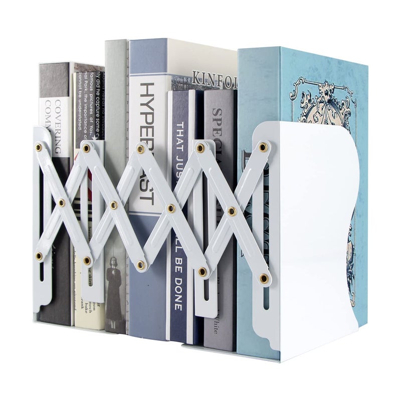 Aobopar Adjustable Book Ends Metal Bookends for Heavy Books Desk Book Holder for Shelves Book Organizer for Desk Suitable for Office Home and School Use White