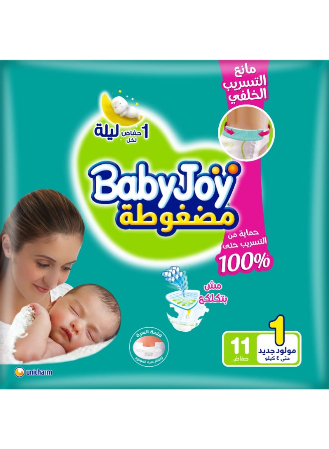 BabyJoy Compressed Diaper with Back Leakage Stopper, Size 1, Newborn, 0-4 Kg, Mini Pack, 11 Diapers - Image 1