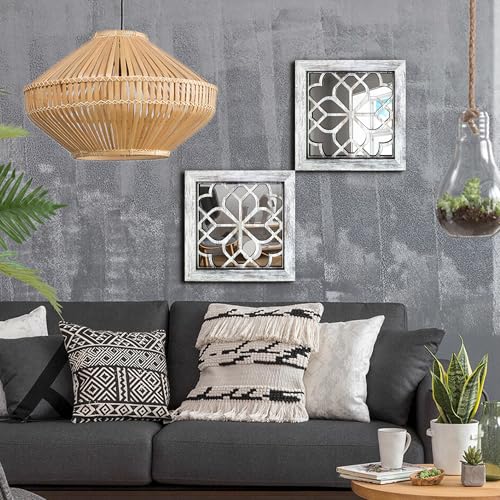 HMANGE Set of 4 Boho Wall Mirrors with Carved Floral Design, 12x12 Inch Rustic Farmhouse Accent Mirrors, Vintage Style Shatterproof Square Mirror Decor for Living Room, Bedroom(Grey) - Image 2