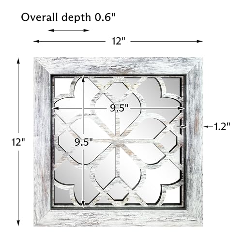 HMANGE Set of 4 Boho Wall Mirrors with Carved Floral Design, 12x12 Inch Rustic Farmhouse Accent Mirrors, Vintage Style Shatterproof Square Mirror Decor for Living Room, Bedroom(Grey) - Image 4