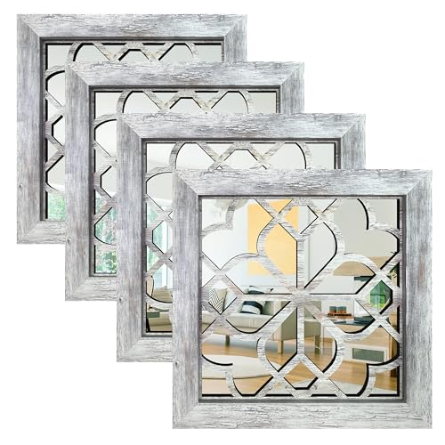 HMANGE Set of 4 Boho Wall Mirrors with Carved Floral Design, 12x12 Inch Rustic Farmhouse Accent Mirrors, Vintage Style Shatterproof Square Mirror Decor for Living Room, Bedroom(Grey) - Image 1