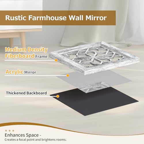 HMANGE Set of 4 Boho Wall Mirrors with Carved Floral Design, 12x12 Inch Rustic Farmhouse Accent Mirrors, Vintage Style Shatterproof Square Mirror Decor for Living Room, Bedroom(Grey) - Image 5
