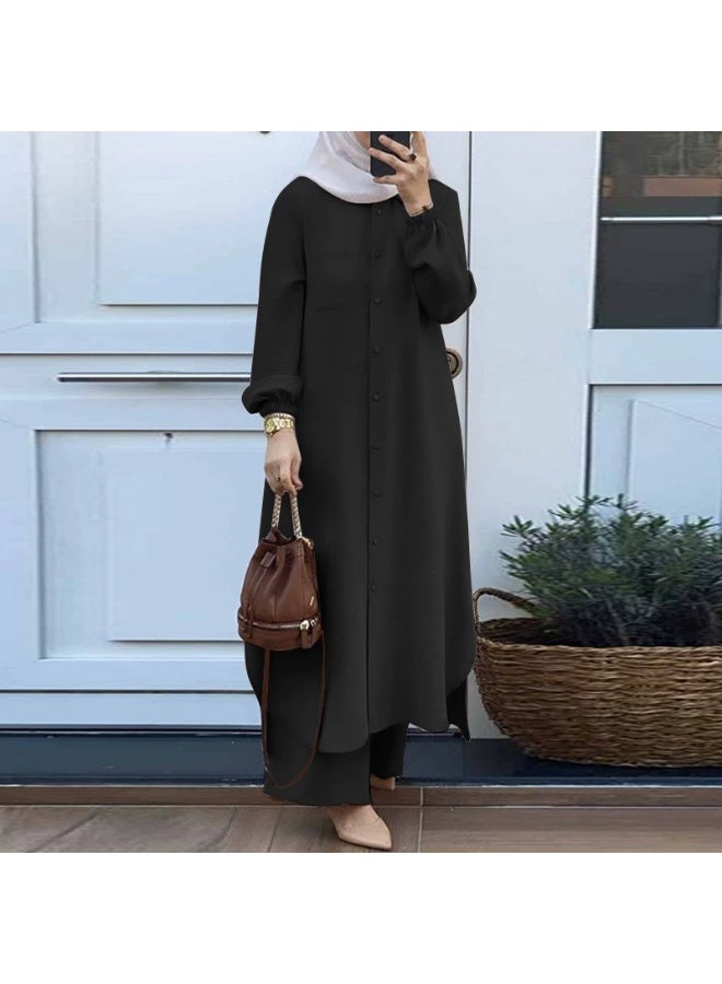 general 2 Piece Abayaa Set Women'S Daily Commuting Button Fastening Long Sleeve Shirt Top And Elastic Waist Wide Leg Pants - Image 1