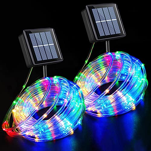 YEGUO Solar Christmas Lights Outdoor Waterproof, 2 Packs Each 33ft 100 LED Rope Lights, 8 Modes Fairy String Lights in Clear Thin Tube for Camping Fence Patio Garden Trampoline Deck(Multicolor) - Image 1