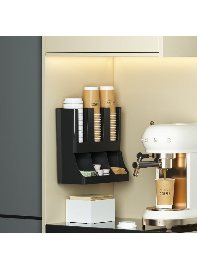 Walpck Cup and Condiment Station, 13 Inch Countertop Coffee Bar Organizer with 6 Compartments, Storage Caddy for Cups, Lids and Packets, Plastic, Black - Image 4