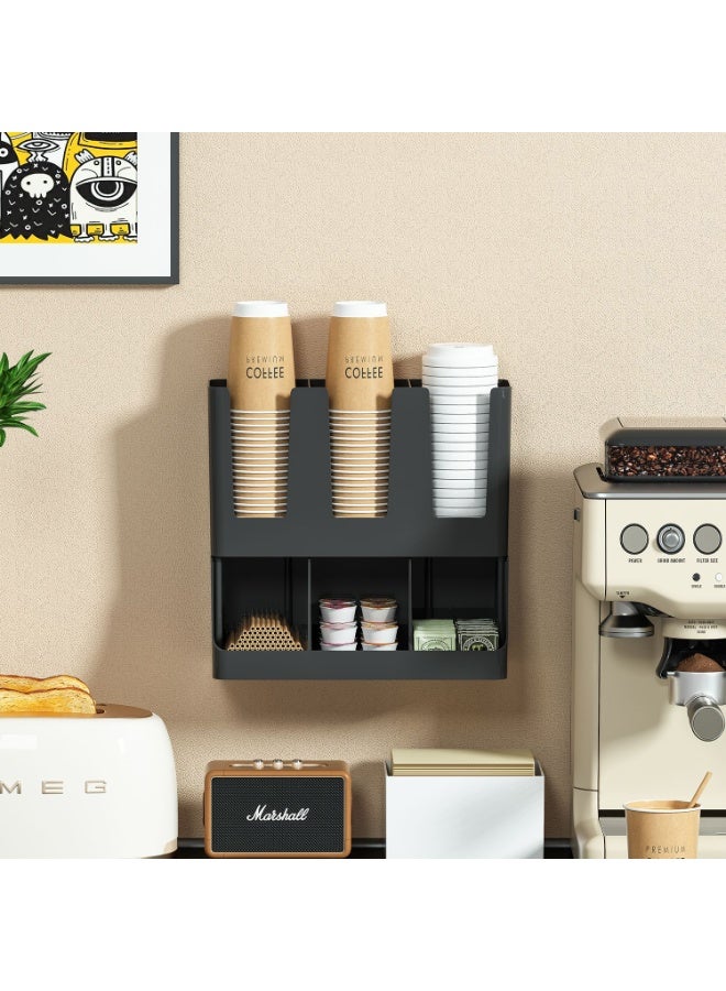 Walpck Cup and Condiment Station, 13 Inch Countertop Coffee Bar Organizer with 6 Compartments, Storage Caddy for Cups, Lids and Packets, Plastic, Black - Image 2