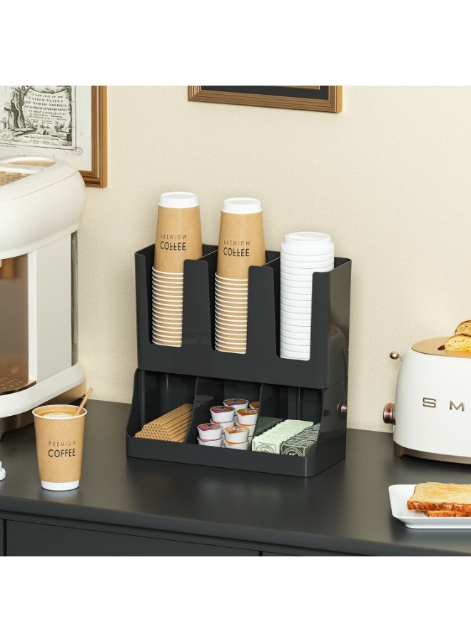 Walpck Cup and Condiment Station, 13 Inch Countertop Coffee Bar Organizer with 6 Compartments, Storage Caddy for Cups, Lids and Packets, Plastic, Black - Image 5