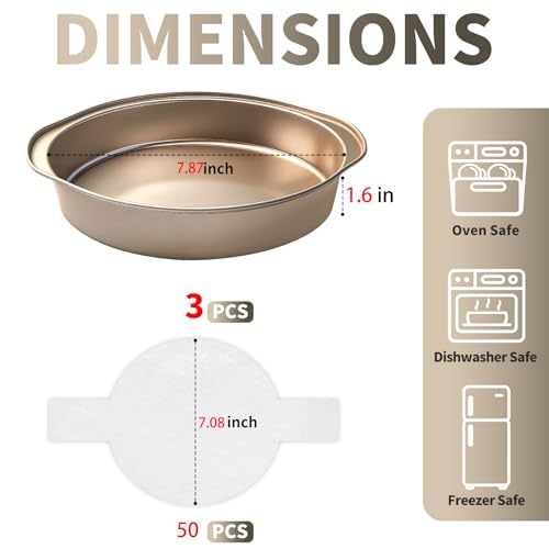 Shinsin 8 Inch Cake Pans 3PCS Nonstick Round Baking Pans with 50PCS Parchment Papers Durable Birthday Circle Cake Baking Pan with Handle for MultiLayer Cakes Dishwasher Safe Gold 8 inch - Image 3
