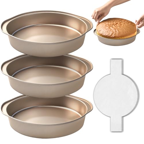 Shinsin 8 Inch Cake Pans 3PCS Nonstick Round Baking Pans with 50PCS Parchment Papers Durable Birthday Circle Cake Baking Pan with Handle for MultiLayer Cakes Dishwasher Safe Gold 8 inch - Image 1