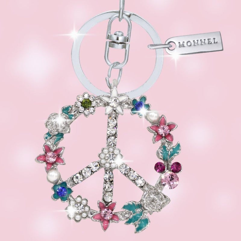 Monnel Bling Crystal Flower Peace Sign Key Ring with Creative Packaging - Image 2