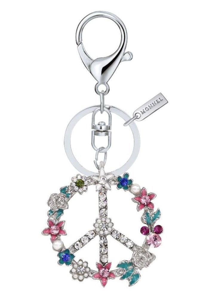 Monnel Bling Crystal Flower Peace Sign Key Ring with Creative Packaging - Image 1