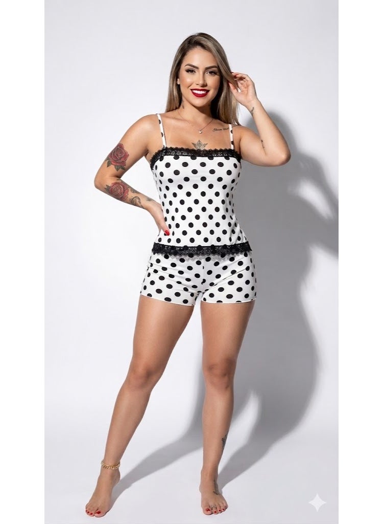 MANIKAN Women's Pajama with Polka Dot Cami and Shorts Pyjama Set Lace Trim - Image 1
