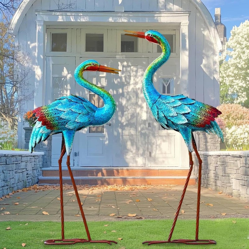 Natelf Crane Statues for Garden Decor Blue Heron Sculptures Metal Large Birds Lawn Sculptures  Statue for Patio Pond Yard Decorations Set of 2